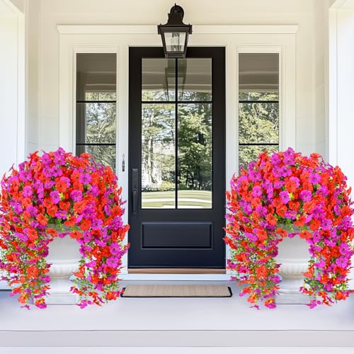 Dolicer 2 Pcs Look Real Artificial Flowers for Outdoors, Realistic Fake Artificial Hanging Flowers for Outdoors UV Resistant Silk Faux Hanging Plants Flowers for Porch Patio Garden (Purple+Red) - color: Purple+red, size: 2 Pcs