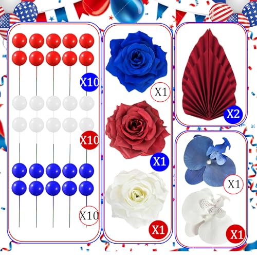 37Pcs Flower Cake Topper Palm Leaves Ball Boho Cake Decorations Artificial Rose Flower Cupcake Cake Insert Topper for Wedding Birthday Party Decoration Supplies (Blue Red) - color: Blue Red