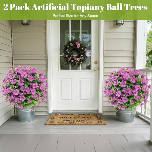 24''Artificial Flowers for Outdoors,2 Pack Topiary Ball Trees Fake Outdoor Plants with Ground Spike,UV Resistant Faux Shrubs for Garden,Porch,Front,Patio,Violet - color: Purple Violet