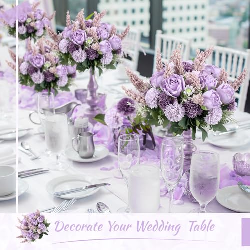 Zeyune 8 Pcs 13.4 Inch Artificial Flowers Bouquet Fake Silk Flowers Faux Bouquet Hydrangea Bouquets for Wedding Birthday Table Centerpieces Home Office Decoration (Rose,Purple) - color: Purple, size: Rose