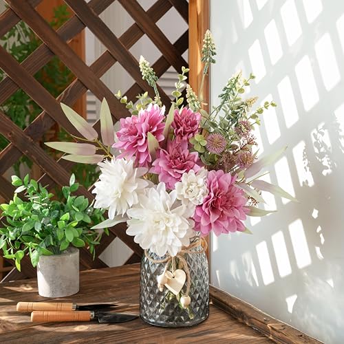 LUEUR Artificial Dahlia Flowers with Vase – Rose Red Faux Flower Arrangement, Romantic Floral Centerpiece Table Decorations for Coffee Table, Dining Room, Living Room & Farmhouse Spring & Summer Decor - color: Rose Red