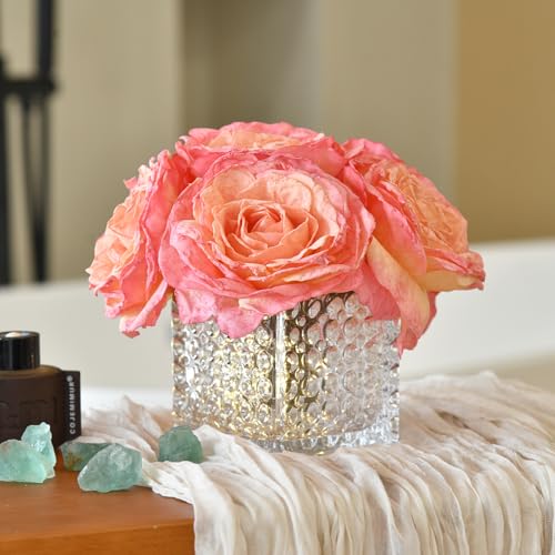 Artificial Rose in Glass Vase Vintage Silk Flower Arrangement with LED Light for Table Centerpiece Home Wedding Decoration (Coral Pink) - color: Coral Pink