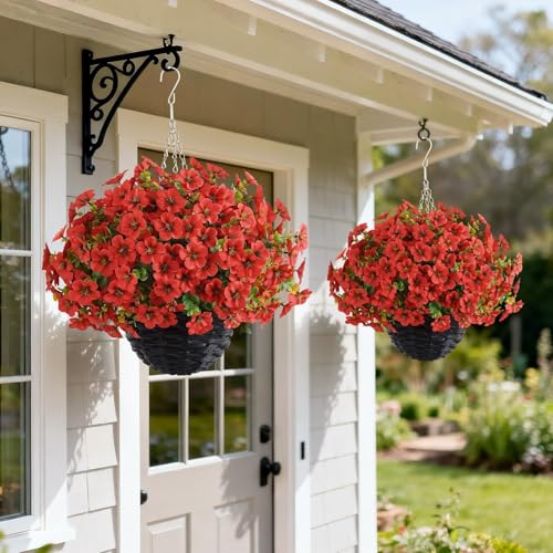 VIERENA 2 Sets Artificial Morning Glory and Eucalyptus Hanging Basket for Outdoor, UV-Resistant Fake Flower Hanging Basket, Suitable for Porch, Aisle, Garden, Patio, Eaves Decor (Red) - color: Red