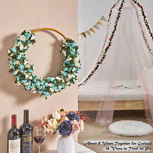PONKING 8 Pcs x 8.2 ft Flower Garland Artificial Rose Vine Flowers with Green Leaves Hanging Fake Roses Vine for Room Party Home Wedding Birthday Christmas Wall Arch Decor, White Blue Flower - color: Spring-blue White-8pcs, size: 8 Vines 66FT
