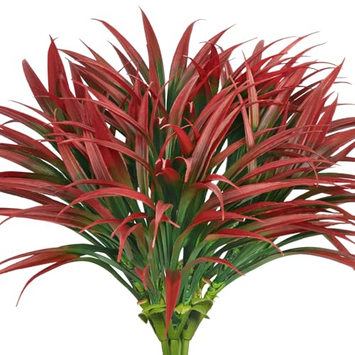 Ouddy Decor 20 Pcs Fake Outdoor Plants Artificial Grass Greenery Stems Faux Plastic Plants UV Resistant for Spring Summer Indoor Outside Garden Hanging Planter Porch Patio Window Box Home Decor, Red ﻿ - color: Red