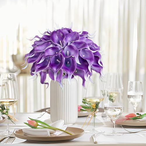 24 Pcs Purple Artificial Calla Lily Flowers Fake Purple Silk Flowers Real Touch for Wedding Bouquet Office Home Kitchen Decor - color: Purple