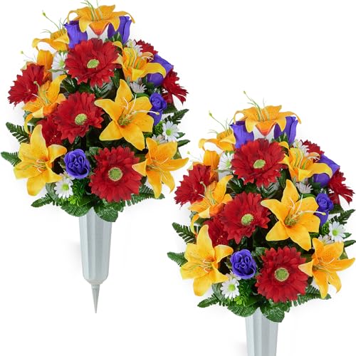 XONOR Artificial Cemetery Flower for Graves, Set of 2 Cemetery Memorial Flowers with Vase for Gravesite Outdoor Headstone Tombstone Decorations, Artificial Lily Rose Gerbera Flowers Bouquets - color: Orange