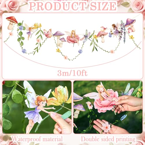 Fairy Mushroom Banner Wildflower Party Decorations Paper Flower Leaves Banner Fairy Garland for Wall Decoration Spring Baby Shower Wedding Backdrop Decorations - color: Fairy