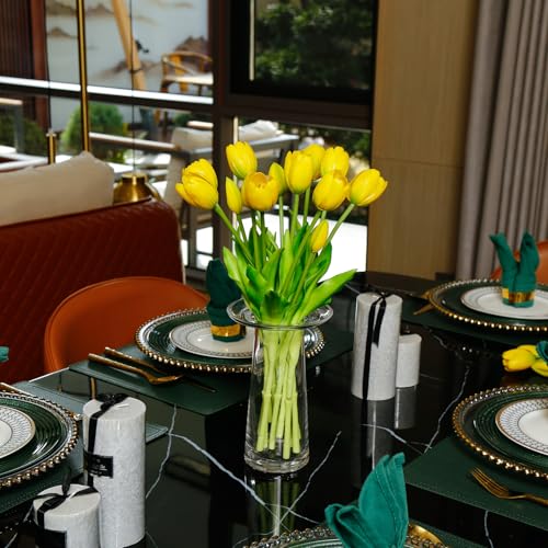 4 Budles (20Pcs) Yellow Tulips Artificial Flowers 13" Latex Fake Flowers for Wedding Home Decor(Yellow) - color: Yellow