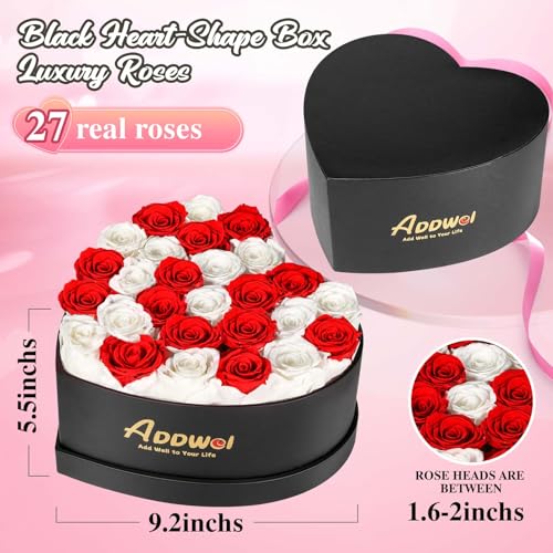 ADDWel Romantic Preserved Roses Bouquet for Her Anniversary, Birthday Flower Gifts for Women, 27-Pieces Eternal Roses with Natural Fragrance in Heart-Shape Box for Wife Girlfriend Mom - color: Red & White - 27 Roses