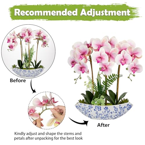 Briful Orchid Artificial Flowers 18in Pink Fake Orchid Silk Flowers with Blue and White Ceramic Pot Faux Phalaenopsis Arrangement for Home Office Room Dining Table Centerpiece Modern Decor - color: Pink-floral Pattern Vase