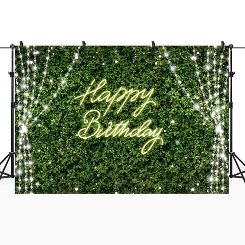 Riyidecor Green Happy Birthday Backdrop Polyester Fabric for Woman Grass Neon Leaf Rustic Spring Leaves Plant Botanical Nature 7Wx5H Feet Lights Photography Background Birthday Photo Studio Shoot - color: D-Green Birthday（Light）, size: 7Wx5H