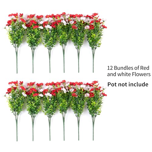 INXUGAO Artificial Fake Flowers Plants for Outdoor Spring Summer Decor, 12 Bundles Faux Silk Flowers for Outdoor Outside Planter Colorful Daisy UV Resistant Look Real for Front Door Porch Patio Yard - color: Red White