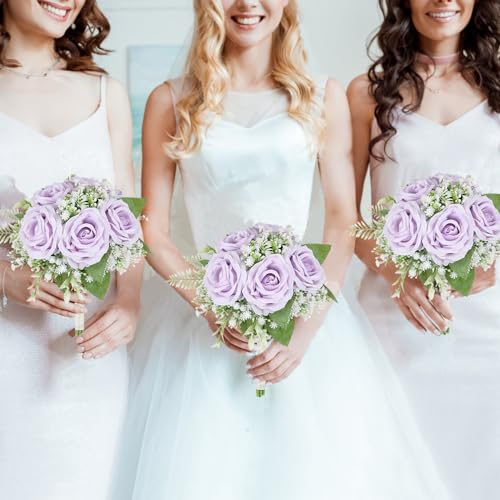 Artificial Bridesmaid Bouquets Set of 6 -7 Inch Pre-made Bridesmaid Bouquets Lilac Silk Rose Bouquet Handmade for Wedding Holding Flowers, Bridal Shower Wedding Centerpiece Ceremony and Anniversary - color: Lilac and White, size: Set of 6 Bridesmaid Bouqu
