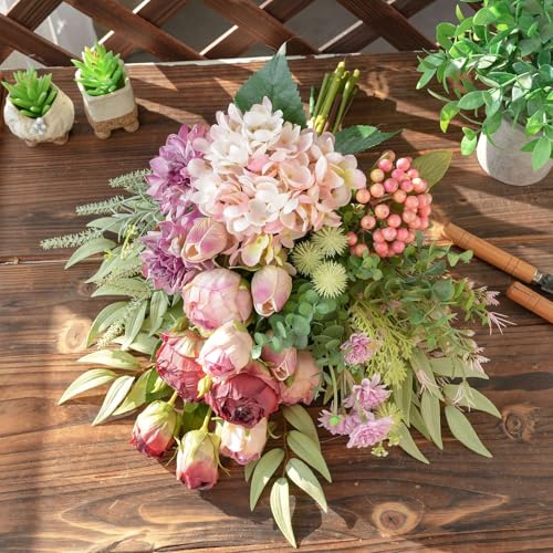 17-inch Artificial Fake Flowers Silk Flower Arrangements Faux Bouquets with Roses, Tulips, Calliopsis, Dahlias, Hydrangeas, Sages, Dandelions, Eucalyptus and Berry Bead Branch - color: Lilac Whisper