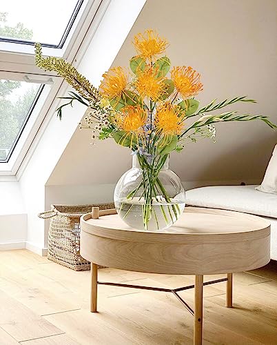 Hollyone 33" Orange-Yellow Artificial Mums Flowers Chrysanthemum Flowers 2Pcs Fake Spider Mum Flower Arrangement Faux Pincushion Flower with 3 Heads Long Stem for Party Centerpiece Bouquet Home Decor - color: Yellowish-orange