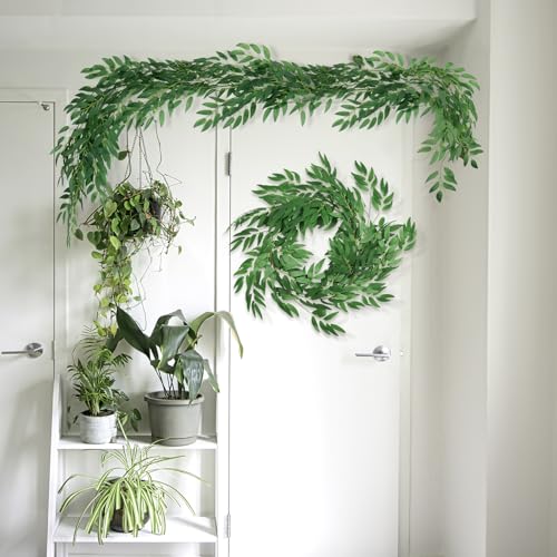 RECUTMS Fake Willow Leaves Vine 6.5ft Artificial Hanging Greenery Garland | Fake Silk Leaf, Faux Twig Rattan Wreath, For Home Wedding Birthday Party Decor, Christmas & Anniversary, Indoor Outdoor - color: Green