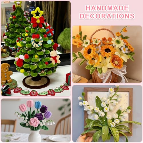 Pipe Cleaners Craft, 500 PCS Pipe Cleaner Flower Kit with 5 Colors Chenille Stems, Floral Wires, Ribbon, Gardening Tape & Stamen for DIY Bouquets, Arts and Crafts Supplies - color: Multicolor-A