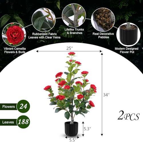 Hananona 2 Pcs Artificial Camellia Trees Faux Camellia Plant in Pot with Flowers Indoor Plants for Spring Home Decor Outdoor Porch Front Door Decor (Red, M) - color: Red