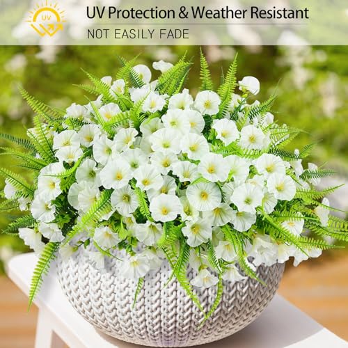Artificial Flowers for Outdoors 12 Bundles White Artificial Petunias Fake Flowers UV Resistant Shrubs Plants with Fern for Indoor Outside Hanging Planters Home Garden Spring Summer Decorations - color: White