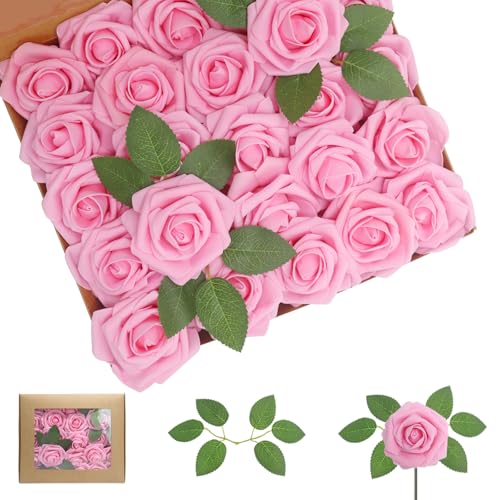 100PCS Dark Pink Realistic Roses - Artificial Latex Foam Flowers with Bendable Stems & 24PCS Leaves for Wedding, Home and Party DIY Decor - color: Dark Pink, size: 100