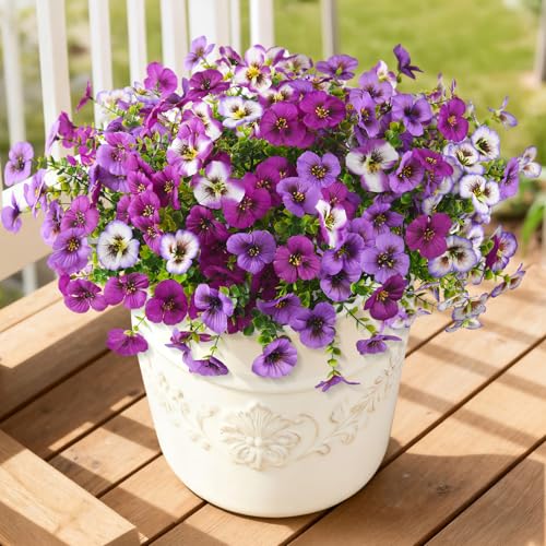 INQCMY Artificial Fake Pansy Flowers for Outdoor, 12 Pcs Faux Silk Pansies Flower for Spring Summer Decoration, UV Resistant Fake Plants for Outside Planter Porch Yard Patio Home Decor(Mixd Purple) - color: Mixd Purple