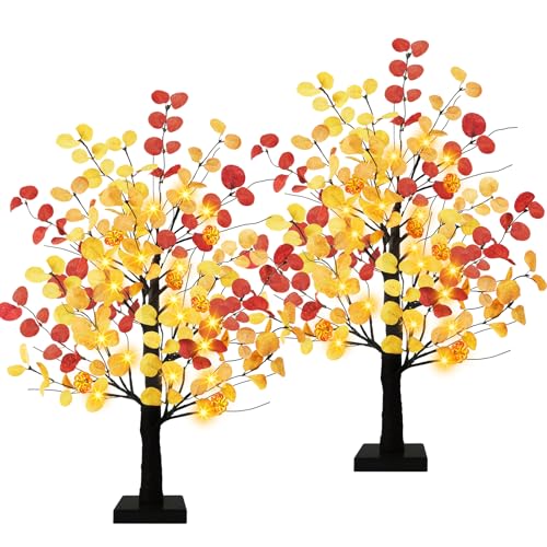 Uieke 24inch Artificial Fall Eucalyptus Tree Prelit 48 LED Tabletop Fall Tree with 12 Pumpkin Lights Battery Operated with Timer, Fall Decorations for Home Thanksgiving Halloween Decor - style: 24inch Fall Tree(2Pack)