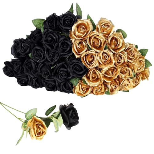 40 PCS Artificial Flowers Fake Roses with Long Stem Realistic Artificial Flowers Bulk for Halloween Wedding Party Home Kitchen Decor (Black+Gold) - color: Black+gold