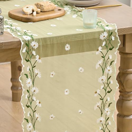 Artoid Mode Daisy Floral Yellow Shaped Gauze Embroidery Table Runner 120 Inch 10FT, Tulle Spring Summer Kitchen Dining Table Decor for Home Party - color: Yellow