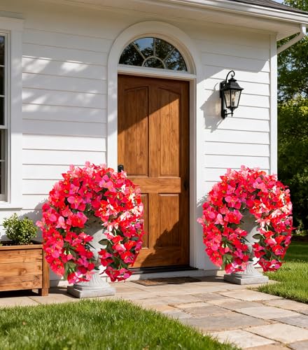 HyeFlora Bougainvillea Artificial Hanging Flowers Plants for Outdoors Decoration, 2pcs Fake Flowers Silk Bougainvillea Vines Realistic UV Resistant Faux Flowers for Outdoor Planters Porch Patio, Mix - color: Hot Pink + Red