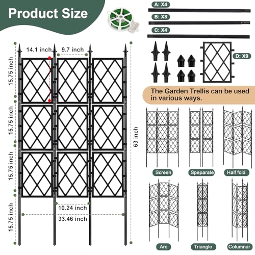 5.25FT Garden Trellis Support Fence,Metal Wall Lattice Climbing Frame for Climbing Plants Outdoor, Black Iron Pipe Fence for Potted Plants Indoor for Ivy Vines Vegetable Flower, Patio, Lawn, Yard - color: Black
