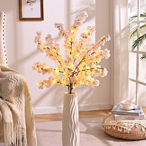 Sunm Boutique 3 PCS Silk Cherry Blossom Branches, Lighted Brown Twig Branches, Artificial White Cherry Blossom Flower, Cherry Blossom Stems Decor Faux Cherry Blossom Tree for Wedding Home Decor, 39' - color: White Cherry Blossom With Tree Led Light, size: