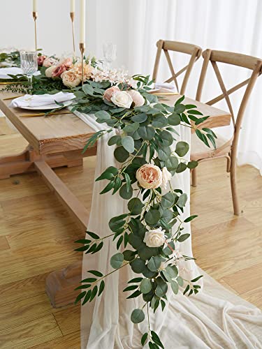 MISSPIN 8FT Eucalyptus and Willow Leaf Garland with Artificial Flowers Fake Flower Peony Rose Vine Greenery Decorative Wall Hanging Plant for Spring Wedding Arch Door Arrangement Party Decor - color: Champagne