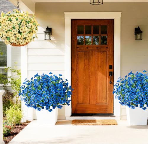 Artificial Outdoor Flowers 16 Bundles UV Resistant Fake Mums Flowers Plants for Decoration Indoor Outdoor Window Box Hanging Planter Home Porch Decor Plastic Faux Flowers (Blue) - color: Blue
