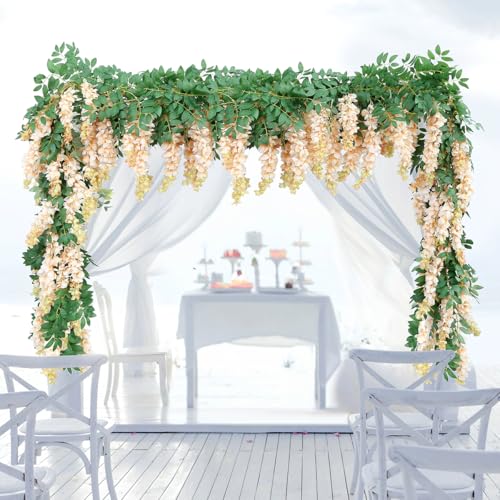 1pc/2pcs Encrypted Flower Vine Wisteria Artificial Flowers Garland,White Wisteria Hanging Flower Garland Decorations for Home Garden Outdoor Ceremony Wedding Arch Decoration (Champagne Color, 1pc) - color: Champagne Color, size: 71 inches