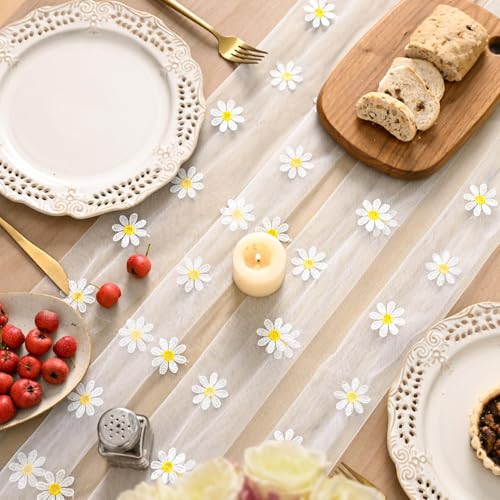 Artoid Mode Milky White Daisy Gauze Embroidery Table Runner 120 Inch 10FT, Tulle Seasonal Spring Kitchen Dining Holiday Table Decor for Home Party - color: Milky White