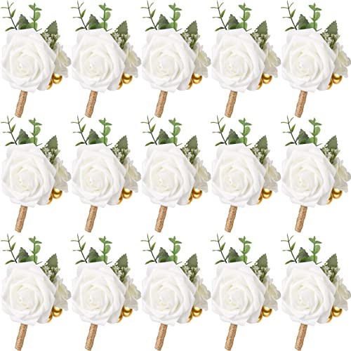 MTLEE 15 Pcs Burgundy Boutonniere for Men Rose Wedding Boutonniere with Pin Groom Groomsmen Buttonholes Man Suit Corsage for Vintage Wedding Ceremony Anniversary Dinner - color: White, style: Classic