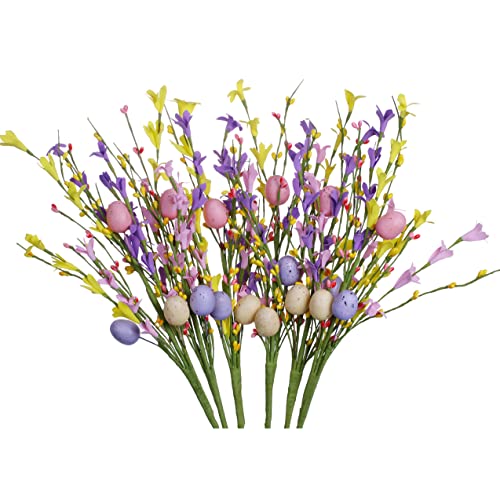 Easter Egg Stems,6pcs 17in/43cm Egg Picks with Forsythia Flowers for Flower Arrangement Vase Easter Decor - color: 6 Pink Color