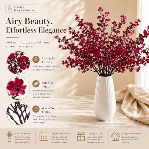 Mandy's 6 Bundles Artificial Burgundy Baby’s Breath Flowers | 18.5 Inch Silk Gypsophila European Style Modern Home Decor Centerpiece Neutral Wedding Flower Arrangements - color: Burgundy