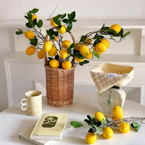 2 Bunches Artificial Lemon Stems, 12 Pcs Faux Lemon Fruit with Green Leaves, Fake Lemons Decor for Vase Filler, Kitchen Table Farmhouse Centerpiece Decor(LB-01)