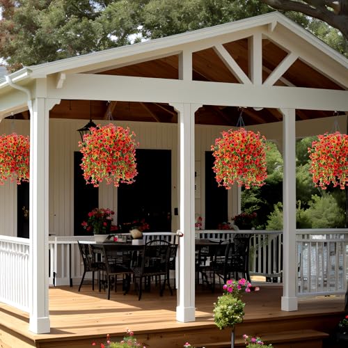 INXUGAO Artificial Hanging Flowers Plants with Basket for Outdoors, Realistic Faux Silk Daisy Flower Eucalyptus for Spring Decor, UV Resistant Fake Plants for Porch Patio Yard Balcony(Red Orange) - color: Z-red Orange