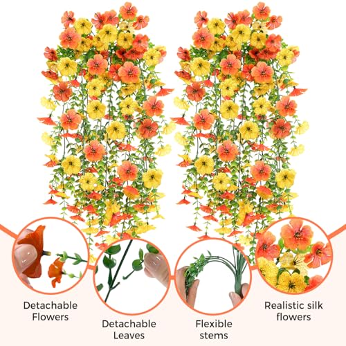 2PCS Artificial Hanging Fall Flowers for Outdoors Decorations, Orange Yellow Realistic Silk Daisy with Eucalyptus, UV Resistant Faux Mums for Home Decor Patio Garden Planters Yard Balcony - color: Yellow + Orange&2pcs Hanging