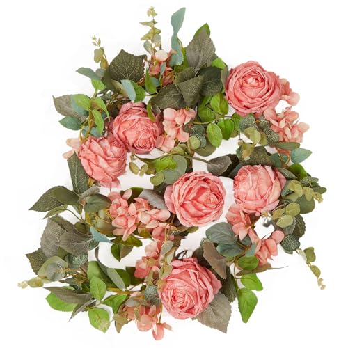 PONKING Flower Garland Artificial Rose & Hydrangea Vine Hanging Fake Flowers Vines for Wedding Birthday Party Valentines Christmas Room Wall Arch Decor, 1 Rose & 1 Hydrangea Dark Pink Floral Garland - color: Large Rose & Hydrangea Dark Pink Vines 5.4ft