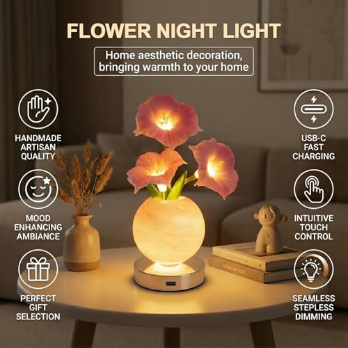 Flower Table Lamp, Rechargeable Cordless Touch Dimming Artificial Morning Glory Flower Desk Lamp, LED Flower Bedside Night Light Romantic Gifts for Girl Women Mom (Pink Morning Glory) - color: Pink Morning Glory