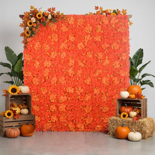 Artificial Flower Wall Backdrop 12Pcs 16.5x16.5 Inch Silk Roses Floral Panels Ideal for Fall Weddings Thanksgiving Backdrops and Seasonal Home Elegance - Orange - color: Orange, size: 16.5inch