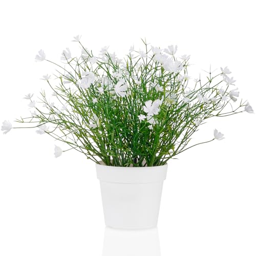 Artificial Babys Breath Potted Fake Plants with Flowers Faux Plants Indoor for Home Office Bookshelf Table Room Decor (White) - color: White