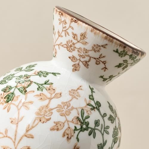 6.61" Ceramic Flower Decorative Antique Vase, Vintage Rustic Chinoiserie Floral Vase for Home Decor, Living Room, Bookshelf, Office, Entryway, Garden, Tuscan Decor, Chinoiserie Decor - color: Green and Beige- 6.61"