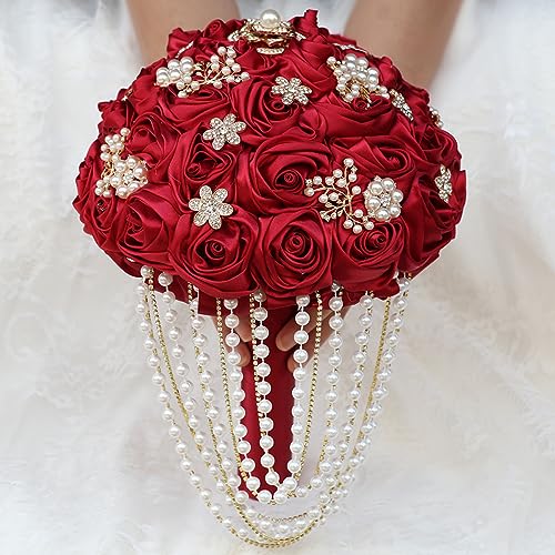 Handmade Satin Rose Water Drop Bridal Bouquet,8.7inch Crystal Wedding Round Tossing Bouquet,Jewelry Proposal Bridesmaid Bouquet Groom Corsage Bride Wrist Flower Ivory (26#red) - color: 26#red