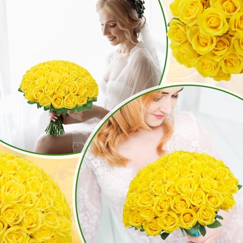 72 Pcs Artificial Roses Yellow Fake Silk Roses Realistic Roses Faux Flower Indoor Wedding Home Decor, Birthday Decorations - color: Yellow