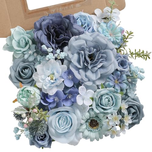 Artificial Flowers Combo Box Blue Flowers Silk Fake Roses with Stems for DIY Wedding Bridal Bouquets,Table Centerpieces,Cake Floral Arrangement,Baby Shower,Birthday Party Home Decorations - color: Blue